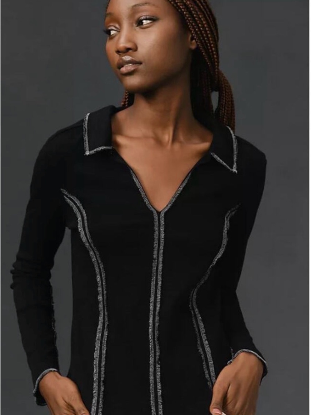 Anthropologie Pilcro Black Contrasting Stitched Long-Sleeve V Neck Top Size S